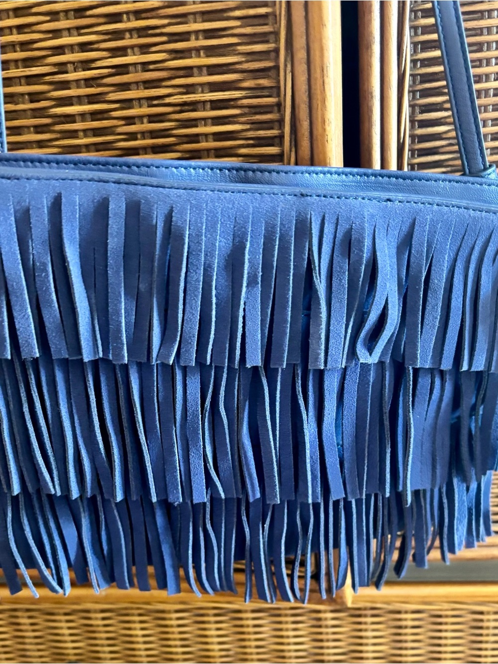 Blue Fringe Suede Tote Bag